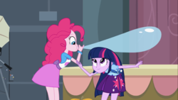 Size: 1366x768 | Tagged: safe, screencap, pinkie pie, twilight sparkle, equestria girls, g4, balloon, blowing up balloons, inflation