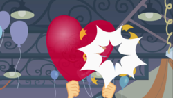 Size: 1366x768 | Tagged: safe, screencap, applejack, sunset shimmer, equestria girls, g4, my little pony equestria girls, balloon, balloon popping, heart balloon, party balloon, pin