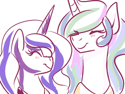 Size: 1024x768 | Tagged: safe, artist:fizzy-dog, princess celestia, princess luna, g4, blushing, smiling