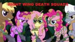Size: 1920x1080 | Tagged: safe, berry punch, berryshine, fluttershy, pinkie pie, g4, the cutie re-mark, /pol/, /pone/, 8chan, alternate timeline, chrysalis resistance timeline, imminent death, looking at you, meme, right wing death squads, spear, stone spear, tribal pie, tribalshy, weapon