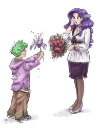 Size: 1007x1280 | Tagged: safe, artist:king-kakapo, rarity, spike, human, g4, blushing, bouquet, clothes, female, flower, humanized, light skin, lipstick, male, pantyhose, ship:sparity, shipping, simple background, straight, white background