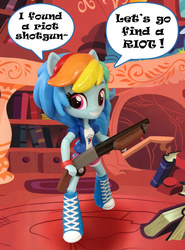 Size: 1000x1354 | Tagged: safe, artist:texasuberalles, rainbow dash, human, equestria girls, dialogue, doll, equestria girls minis, eqventures of the minis, golden oaks library, grin, gun, irl, ithaca 37, looking at you, photo, shotgun, smiling, solo, team fortress 2, this will end in tears, toy, weapon