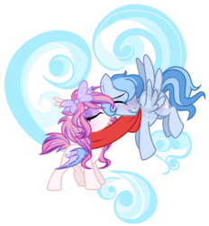 Size: 1280x1379 | Tagged: safe, artist:wicklesmack, oc, oc only, oc:darling dearest, bat pony, pegasus, pony, clothes, kissing, scarf, shared clothing, shared scarf, simple background, transparent background, watermark