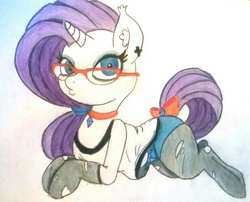 Size: 618x500 | Tagged: safe, artist:gingerthefox, rarity, pony, unicorn, g4, bow, clothes, duckface, ear piercing, earring, female, glasses, jewelry, piercing, ripped stockings, solo, stockings, tail, tail bow, traditional art