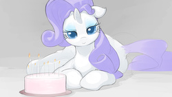 Size: 1280x720 | Tagged: safe, artist:bluedrg19, rarity, pony, unicorn, g4, bedroom eyes, cake, explicit source, eyeshadow, female, floppy ears, food, lidded eyes, looking at you, makeup, mare, prone, smiling, solo