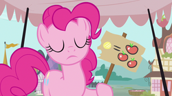 Size: 1280x719 | Tagged: safe, screencap, pinkie pie, g4, putting your hoof down, capitalism, eyes closed, female, prices, sign, solo