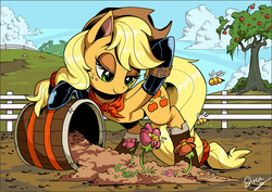 Size: 4200x2970 | Tagged: safe, artist:shira-hedgie, applejack, bee, earth pony, pony, g4, bandana, barrel, bedroom eyes, boots, clothes, earth pony magic, female, fence, flower, hat, lidded eyes, mare, smiling, solo, tree