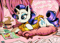 Size: 4200x2970 | Tagged: safe, artist:shira-hedgie, fluttershy, rarity, pony, unicorn, g4, bed, bedroom, bedroom eyes, clothes, coffee, crossed hooves, female, food, i can't believe it's not idw, looking down, magazine, mare, morning, reading, robe, signature, smiling, solo