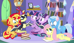Size: 1200x700 | Tagged: safe, artist:dm29, flash sentry, fluttershy, moondancer, shining armor, starlight glimmer, sunset shimmer, trixie, twilight sparkle, alicorn, pony, unicorn, g4, book club, counterparts, crush plush, female, magical quintet, mare, plushie, reading, s5 starlight, twilight sparkle (alicorn), twilight's counterparts