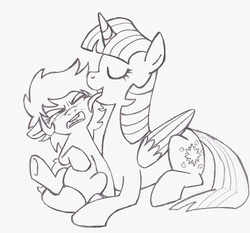 Size: 1000x933 | Tagged: safe, artist:traditionaldrawfaglvl1, twilight sparkle, oc, oc:anon, oc:filly anon, alicorn, pony, g4, /mlp/, cute, female, filly, licking, mama twilight, mare, monochrome, mother and daughter, mothers gonna mother, scrunchy face, tongue bath, tongue out, twilight sparkle (alicorn)