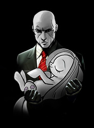 Size: 478x648 | Tagged: safe, artist:anonymous, artist:pencils, edit, marble pie, oc, oc:anon, pony, g4, agent 47, hitman, holding a pony, reference, sleeping