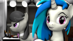 Size: 2560x1440 | Tagged: safe, artist:redaceofspades, dj pon-3, octavia melody, vinyl scratch, g4, 3d, bottle, lights, looking at you, octavia is not amused, source filmmaker, unamused, unhappy