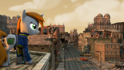 Size: 1920x1080 | Tagged: safe, artist:neondion60, oc, oc only, oc:littlepip, pony, unicorn, fallout equestria, 3d, clothes, fanfic, fanfic art, female, jumpsuit, mare, pipbuck, ruins, solo, source filmmaker, vault suit, wasteland