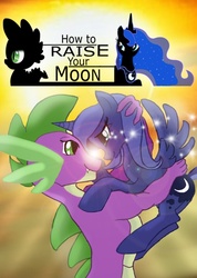 Size: 457x643 | Tagged: safe, artist:pen-mightier, princess luna, spike, g4, cover art, cute, fanfic, fanfic art, fanfic cover, hug, lunabetes, ship:spiluna, shipping, spikelove