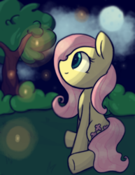 Size: 2550x3300 | Tagged: safe, artist:luxaestas, fluttershy, firefly (insect), g4, female, full moon, high res, night, sitting, solo