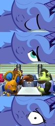 Size: 798x1828 | Tagged: safe, princess luna, pony, g4, animal crossing, bed meme, exploitable meme, meme, morning after, office, olaf, s1 luna, waking up, wat