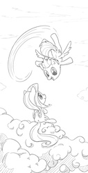Size: 1024x2020 | Tagged: safe, fluttershy, rainbow dash, g4, black and white, cloud, duo, flying, grayscale, looking at each other, monochrome, sitting, sky