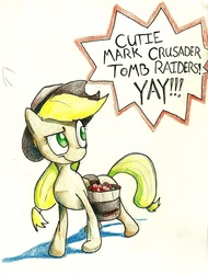 Size: 973x1280 | Tagged: safe, artist:matugi, applejack, g4, apple, dialogue, female, food, implied cutie mark crusaders, solo, this will end in tears and/or death and/or covered in tree sap, traditional art