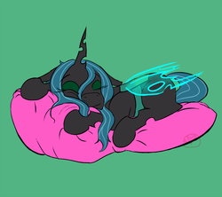 Size: 1000x888 | Tagged: safe, artist:ryuredwings, queen chrysalis, changeling, changeling queen, g4, cute, cutealis, female, filly, filly queen chrysalis, pillow, solo