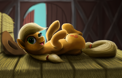 Size: 3192x2043 | Tagged: safe, artist:odooee, applejack, g4, barn, cute, female, high res, jackabetes, legs in air, on back, open mouth, solo