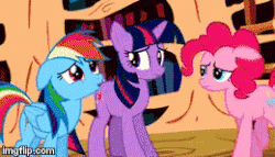 Size: 260x149 | Tagged: safe, screencap, pinkie pie, rainbow dash, twilight sparkle, g4, lesson zero, animated, comforting, cute, dashabetes, diapinkes, eyes closed, female, floppy ears, frown, gif for breezies, horses doing horse things, neck nuzzle, nuzzling, picture for breezies, sad, talking