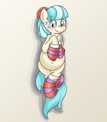 Size: 1500x1704 | Tagged: safe, artist:seenty, coco pommel, g4, belly, belly button, blushing, clothes, coco preggo, female, pregnant, socks, solo, striped socks