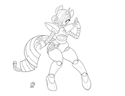 Size: 4137x3168 | Tagged: safe, artist:badgerben, rarity, robot, anthro, plantigrade anthro, g4, clothes, cosplay, costume, female, hair over one eye, high res, looking at you, mettaton, monochrome, open mouth, raribot, rariton, solo, undertale