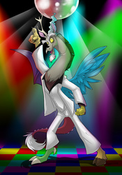 Size: 700x1000 | Tagged: safe, artist:ignigeno, discord, draconequus, g4, 70s, disco, disco ball, disco dance, male, open mouth, open smile, pun, saturday night fever, smiling, solo