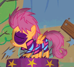 Size: 620x555 | Tagged: safe, screencap, scootaloo, pegasus, pony, g4, the show stoppers, animated, butt shake, clothes, cropped, eyes closed, female, filly, loop, show stopper outfits, solo, wings
