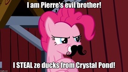Size: 888x499 | Tagged: safe, pinkie pie, g4, spike at your service, female, foster's home for imaginary friends, image macro, male, meme, moustache, solo