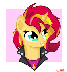 Size: 900x960 | Tagged: dead source, safe, artist:sunsetcrady, sunset shimmer, pony, unicorn, equestria girls, g4, bust, clothes, cute, equestria girls outfit, female, heart, leather jacket, shimmerbetes, signature, solo