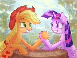 Size: 814x608 | Tagged: safe, artist:jowyb, applejack, twilight sparkle, alicorn, earth pony, pony, twijack weekly, g4, eye contact, female, grin, hoofwrestle, lesbian, looking at each other, mare, nervous, nervous smile, ship:twijack, shipping, smiling, this will end in pain, tree stump, twilight sparkle (alicorn)