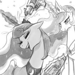 Size: 731x731 | Tagged: safe, artist:ehfa, princess celestia, princess luna, alicorn, pony, g4, duo, eyes closed, female, grayscale, laughing, mare, monochrome, simple background, sisters, watergun, white background