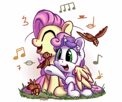 Size: 1200x1000 | Tagged: safe, artist:bobdude0, fluttershy, sweetie belle, bird, g4, cute, diasweetes, duo, hug, music, music notes, shyabetes, singing, sitting, weapons-grade cute, winghug