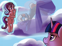 Size: 1600x1200 | Tagged: safe, artist:whale, starlight glimmer, trixie, twilight sparkle, pony, unicorn, g4, the cutie re-mark, bondage, crystal, encasement, female, frown, frozen, glowing horn, hilarious in hindsight, horn, inconvenient trixie, levitation, magic, mare, self-levitation, sky, smirk, telekinesis