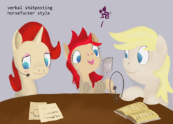 Size: 2430x1736 | Tagged: safe, artist:anonymous, oc, oc only, oc:aryanne, oc:red pone (8chan), oc:ruby (8chan), /pone/, 8chan, microphone, paper, podcast, radio, shitposting, sitting, table, talking