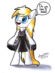 Size: 4584x6073 | Tagged: safe, artist:ange91970, oc, oc only, oc:aryanne, earth pony, pony, absurd resolution, bipedal, clothes, dress, female, happy, holding, looking up, pose, question, signature, simple background, smiling, solo, speech bubble, talking, white background