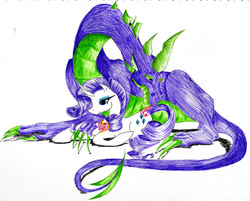 Size: 1024x825 | Tagged: safe, artist:missivoryrainbow, rarity, spike, g4, female, fire ruby, male, older, older spike, ship:sparity, shipping, straight, tongue out, traditional art