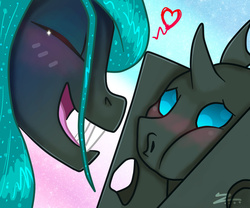 Size: 1200x1000 | Tagged: safe, artist:zindry, queen chrysalis, changeling, changeling queen, nymph, g4, blushing, cute, cutealis, cuteling, duo, female, gradient background, heart, mommy chrissy, squishy cheeks