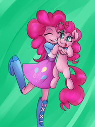 Size: 1024x1365 | Tagged: safe, artist:megagibs, pinkie pie, human, pony, equestria girls, g4, :p, cute, diapinkes, eyes closed, holding a pony, hug, human ponidox, self ponidox, silly, tongue out