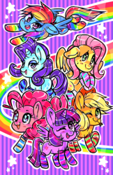 Size: 3850x5950 | Tagged: safe, artist:idolyoukai, applejack, fluttershy, pinkie pie, rainbow dash, rarity, twilight sparkle, alicorn, pony, g4, clothes, female, mane six, mare, rainbow socks, socks, striped socks, twilight sparkle (alicorn), wingding eyes