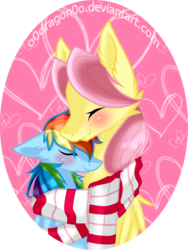 Size: 525x700 | Tagged: safe, artist:o0dragon0o, fluttershy, rainbow dash, g4, butterscotch, clothes, female, half r63 shipping, heart, male, rule 63, scarf, shared clothing, shared scarf, ship:butterdash, ship:flutterdash, shipping, simple background, snuggling, straight, transparent background