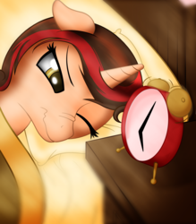 Size: 1895x2160 | Tagged: safe, artist:r0cketsquid, oc, oc only, oc:cinnamon dreams, alarm clock, bed, magic, scrunchy face, telekinesis