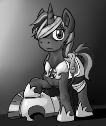 Size: 833x993 | Tagged: safe, artist:invertigo, oc, oc only, oc:whispen, cyoa:royal guard survival, female, guardsmare, mare, monochrome, royal guard, solo