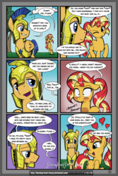 Size: 2100x3150 | Tagged: safe, artist:burning-heart-brony, flash sentry, sunset shimmer, pony, comic:friendship isnt canon, g4, alternate hairstyle, comic, cute, female, heart, heartbeat, high res, male, ponytail, ship:flashimmer, shipping, straight, sunset shimmer with her heartbeat