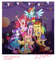 Size: 2351x2551 | Tagged: safe, artist:kimik-a, applejack, fluttershy, pinkie pie, rainbow dash, rarity, twilight sparkle, equestria girls, g4, armpits, boots, clothes, cute, dress, fall formal outfits, group shot, high res, mane six, photo, ponied up, scene interpretation, signature, skirt, sleeveless, strapless, this is our big night, twilight ball dress, twilight sparkle (alicorn)