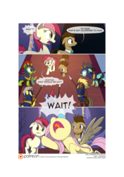 Size: 3541x5016 | Tagged: safe, artist:gashiboka, doctor whooves, fluttershy, roseluck, time turner, earth pony, pegasus, pony, comic:recall the time of no return, g4, armor, comic, male, patreon, patreon logo, pegasus wings, royal guard, royal guard armor, stallion, wings