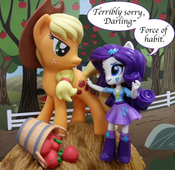 Size: 1000x972 | Tagged: safe, artist:texasuberalles, applejack, rarity, earth pony, pony, equestria girls, g4, apple, basket, butt touch, clothes, doll, equestria girls minis, eqventures of the minis, female, fence, food, hand on butt, hay, irl, lesbian, photo, ship:rarijack, shipping, skirt, speech bubble, toy, tree