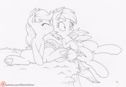 Size: 800x558 | Tagged: safe, artist:dfectivedvice, applejack, rainbow dash, g4, female, frog (hoof), grayscale, kissing, lesbian, monochrome, patreon, patreon logo, ship:appledash, shipping, underhoof