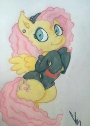 Size: 504x702 | Tagged: safe, artist:gingerthefox, fluttershy, pegasus, pony, g4, alternate hairstyle, clothes, ear piercing, female, looking at you, piercing, punk, simple background, solo, traditional art